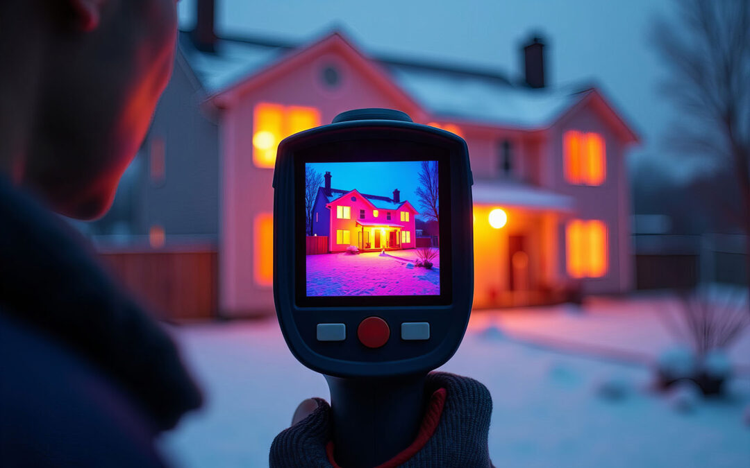Thermal imaging showing heat loss in poorly insulated building